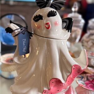 Blue Sky Clayworks Ghost Cookie Jar Halloween Ceramic | Bat Bow Rare Collectible
